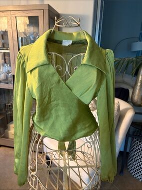 Green Wrap Blouse with Pointed Collar